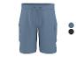 Short cargo bleu pour homme avec cordon de serrage à la taille, présenté avec des échantillons de couleur.