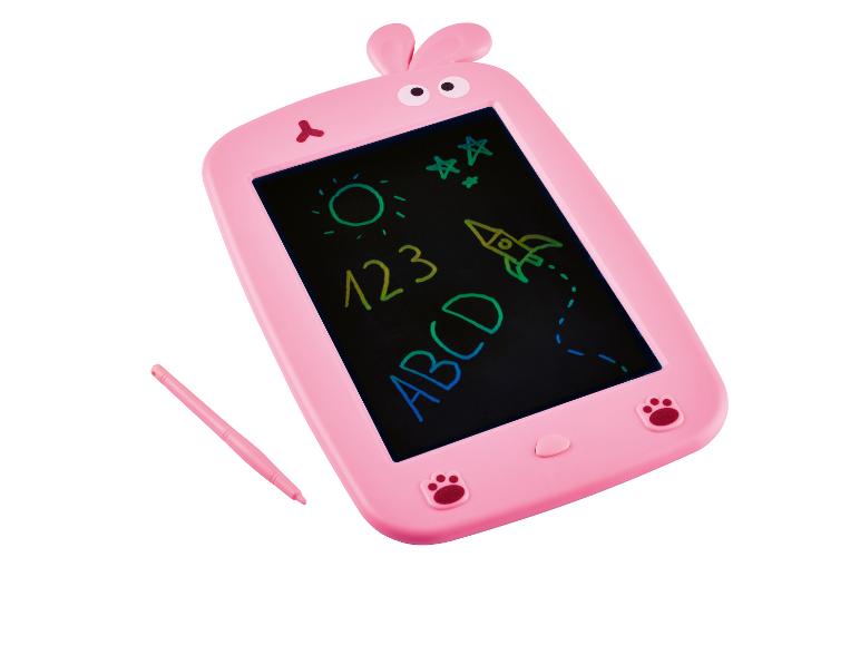 Tablette de dessin rose pour enfants avec stylet, affichant soleil, étoiles, chiffres et lettres.