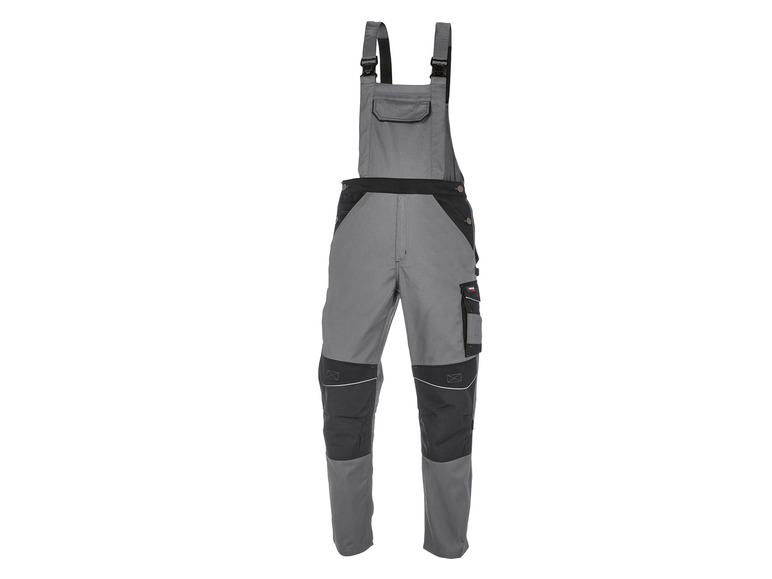 Salopette grise avec des détails noirs et des protections pour les genoux.