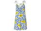 Une robe blanche avec un motif de citrons bleus et jaunes.