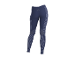 Legging de sport femme bleu foncé avec rayures verticales gris clair et logo discret.