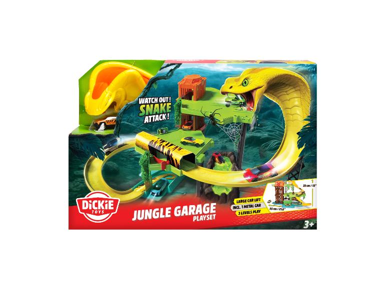 Ensemble de jeu Dickie Toys Jungle Garage avec attaque de serpent et ascenseur de voiture.