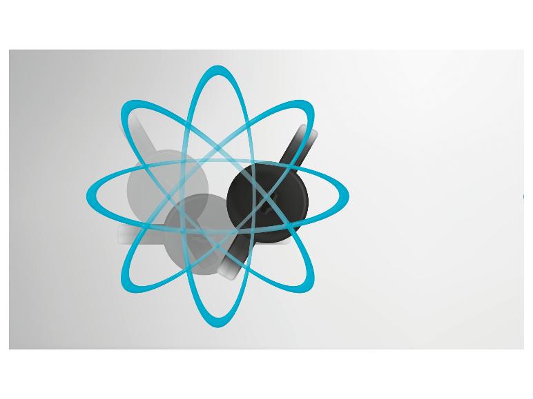 Image abstraite avec des orbites bleues et des formes noires, grises ressemblant à des atomes.