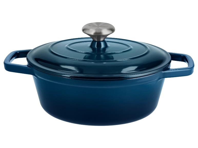 Marmite en fonte bleu foncé avec couvercle et bouton en acier inoxydable