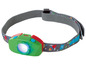 Une lampe frontale pour enfant verte avec un thème spatial.