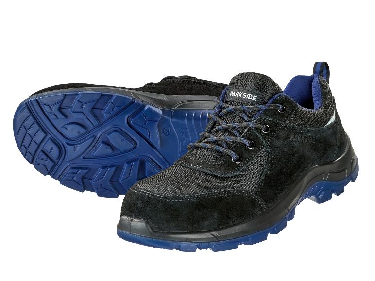 Chaussures de sécurité noires Parkside avec des semelles bleues.