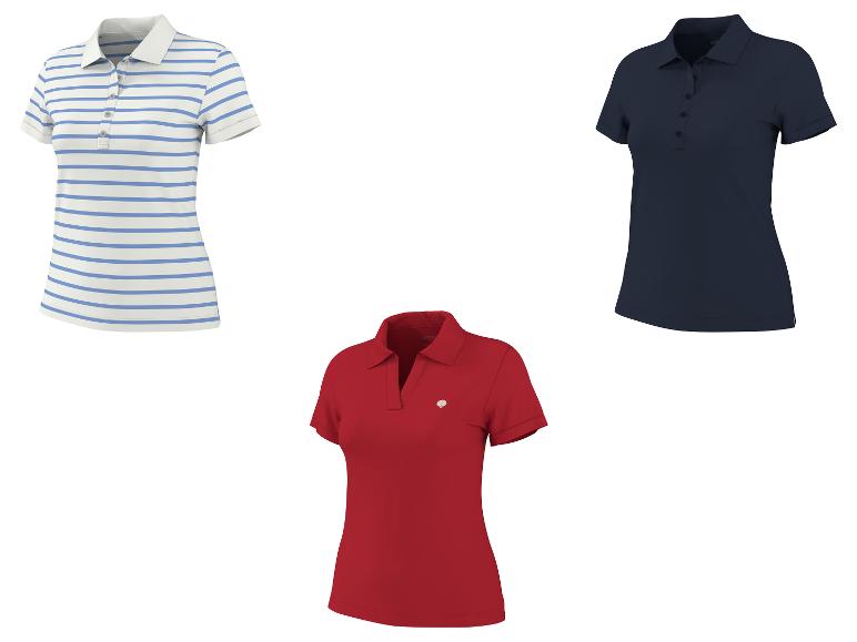 Trois polos pour femmes : un rayé, un bleu marine et un rouge.