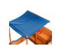 Maisonnette de jeu en bois avec toit bleu et volant rouge