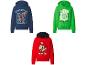 Trois sweats à capuche : un bleu marine avec un motif de mineur, un vert avec un motif de construction et un rouge avec un personnage de plombier.
