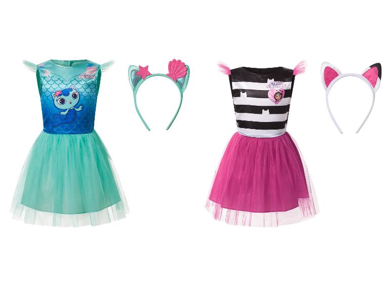 Déguisements Gabby's Dollhouse : une robe de sirène sarcelle avec des oreilles de chat et une robe rayée noire et blanche avec des oreilles de chat.