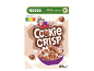 Emballage de céréales aux biscuits au chocolat avec un loup de dessin animé et un bol de lait.
