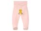 Pantalon de bébé rose avec un imprimé de poussin jaune et le texte 'hello world'.