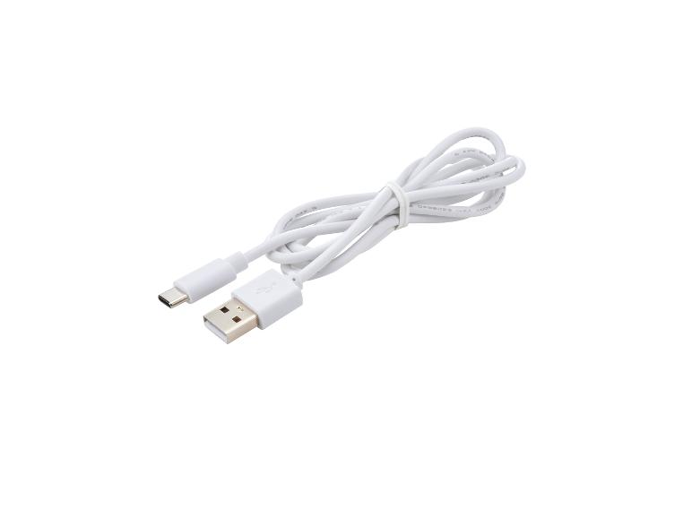 Câble de charge blanc USB-A vers USB-C, enroulé et attaché avec un lien