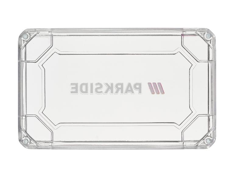 Boîte transparente Parkside avec le logo de la marque, sur fond blanc.