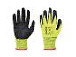 Paire de gants de travail jaunes et noirs avec prise texturée et informations sur le produit.