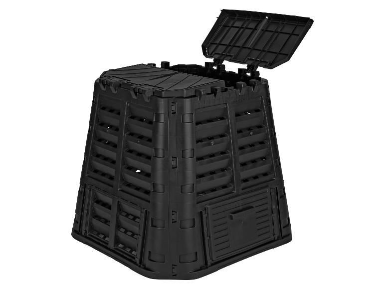 Composteur en plastique noir avec couvercle ouvert