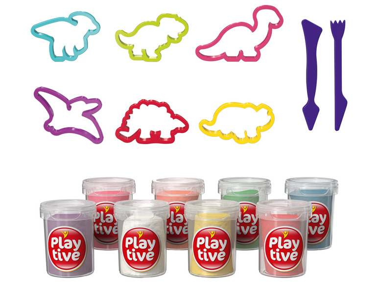 Play-Doh avec des moules de dinosaures et des outils.