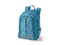 Un sac à dos bleu avec des points blancs et roses.