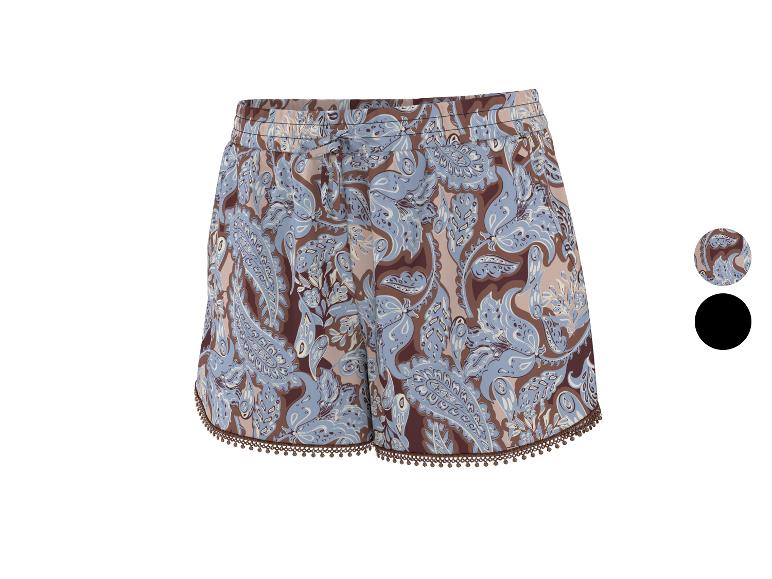 Shorts femme à imprimé cachemire bleu et marron, avec bordure à pompons.