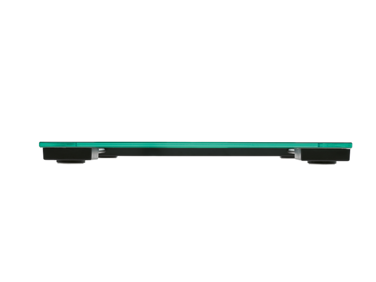 Pèse-personne en verre vert, vue de côté.