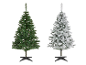 Deux sapins de Noël artificiels, un vert et un floqué, sur fond blanc.