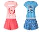 Pyjamas femme avec t-shirt et short : un rose avec Minnie Mouse et un bleu avec Stitch.