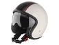 Casque de moto blanc avec bande noire et rouge et visière