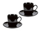Deux tasses à café noires avec soucoupes.