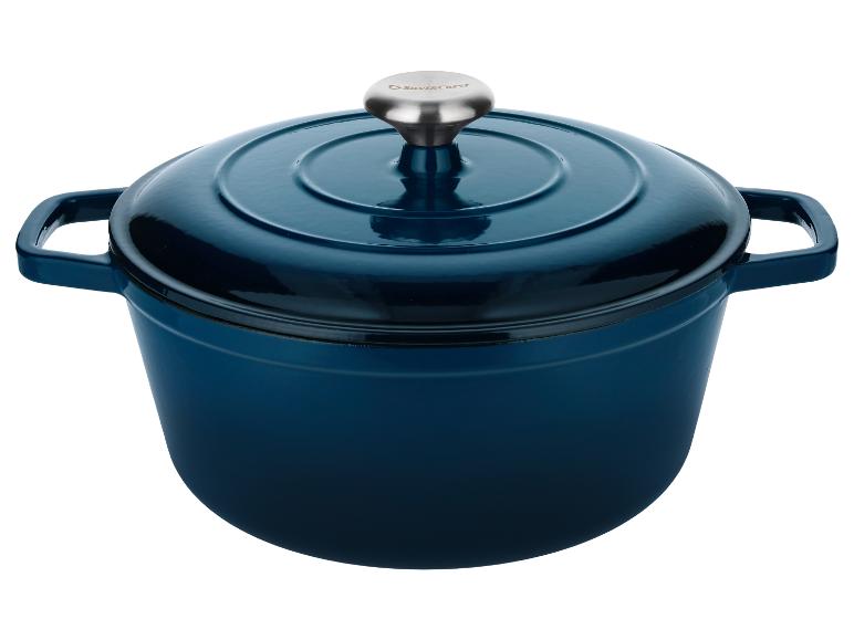 Marmite en fonte bleu foncé avec couvercle et bouton argenté