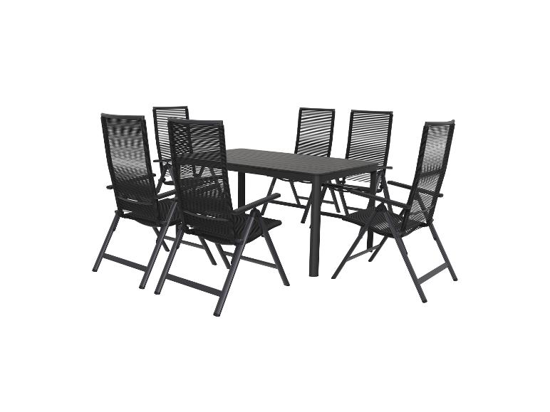 Ensemble de table et six chaises pliantes noires pour extérieur.
