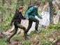Un couple marche sur un sentier dans la forêt, portant des vestes et des chaussures de randonnée.