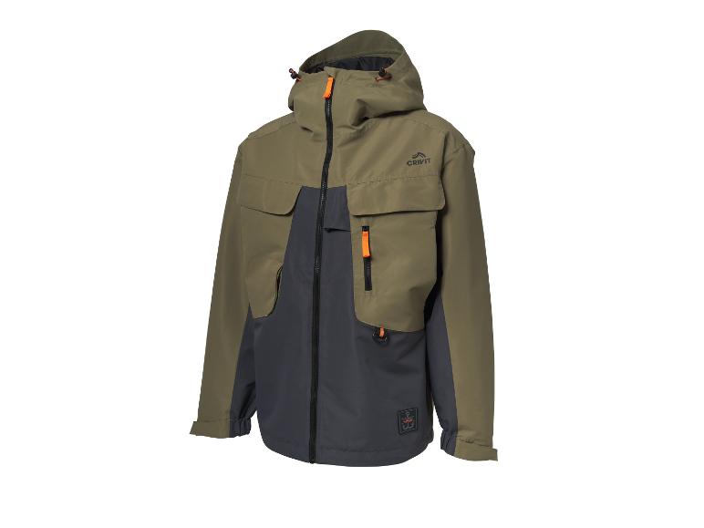 Veste d'extérieur homme kaki et gris foncé avec des détails orange.