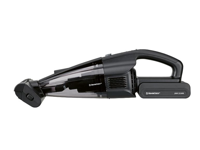 Aspirateur à main sans fil noir avec réservoir transparent et batterie 24V 2.5Ah.