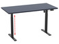 Un bureau réglable en hauteur avec un plateau de couleur bleu foncé et un piétement noir.
