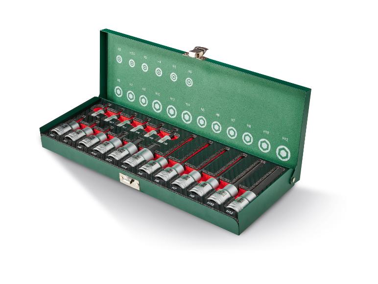 Jeu de douilles hexagonales dans un coffret vert.