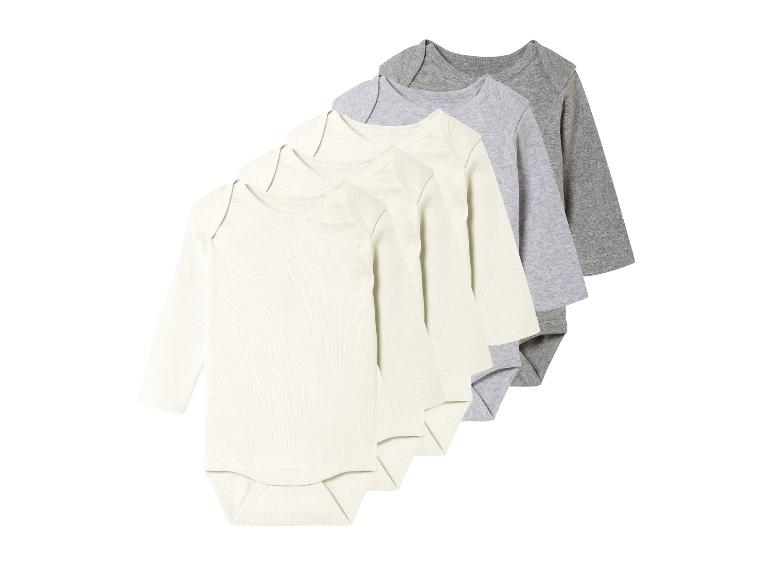 Trois packs de bodys bébé manches longues beige et gris.