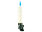 Bougie décorative LED avec flamme bleue et pince de fixation verte.