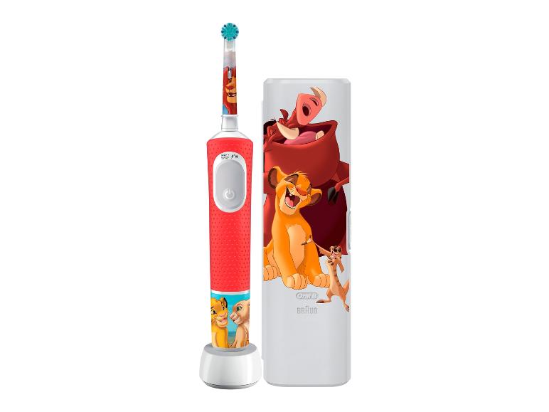 Brosse à dents électrique rouge pour enfants sur le thème du Roi Lion et étui de voyage blanc.