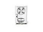 Un déshumidificateur blanc avec un tuyau et un ventilateur.