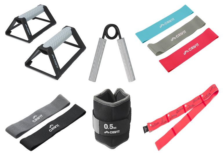 Accessoires de fitness Crivit : barres de pompes, poignées, bandes de résistance et poids de cheville.