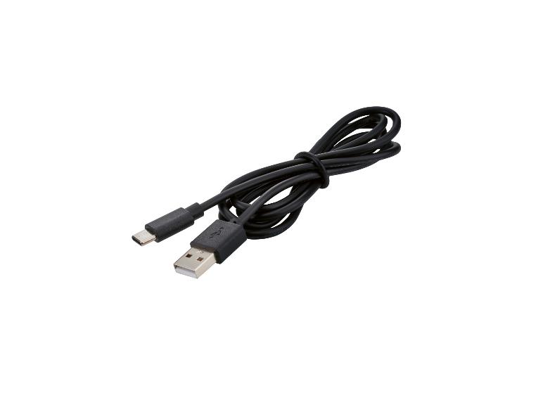 Câble USB noir avec connecteurs USB-A et USB-C, soigneusement enroulé.