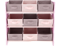 Étagère rose avec neuf boîtes de rangement en tissu gris et rose pour jouets ou vêtements.