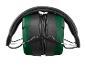Casque anti-bruit vert avec bandeau noir.