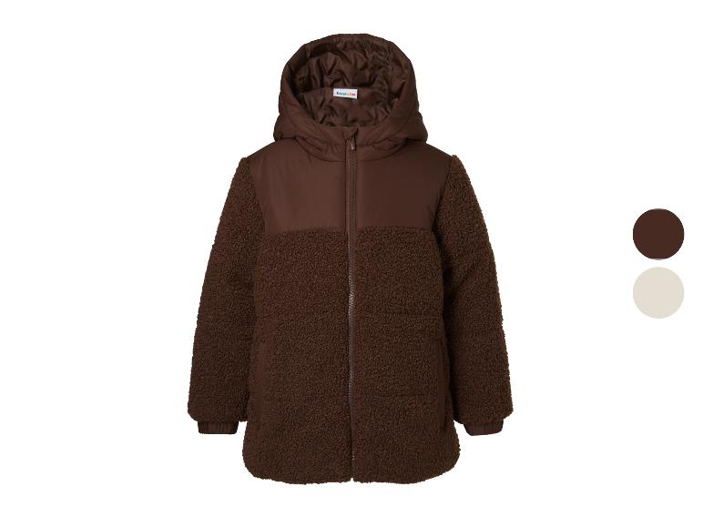 Veste enfant marron à capuche, avec texture peluche et empiècements lisses