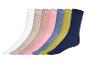 Six paires de chaussettes de différentes couleurs, notamment blanc, beige, rose, bleu et vert.