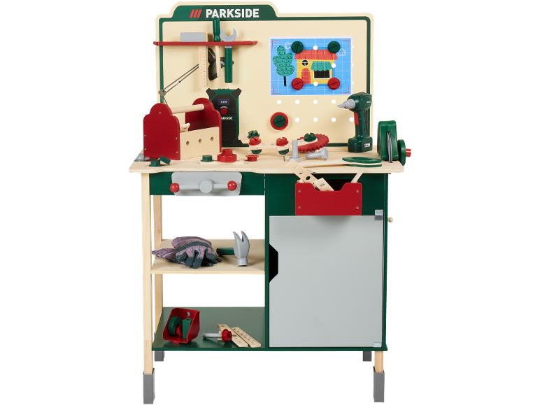 Établi de jeu en bois avec outils, comprenant une perceuse, un marteau et diverses vis et écrous.