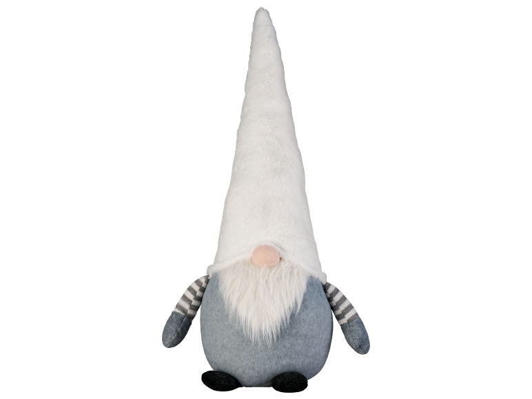 Une figurine de gnome grise et blanche avec un long chapeau blanc et une barbe.