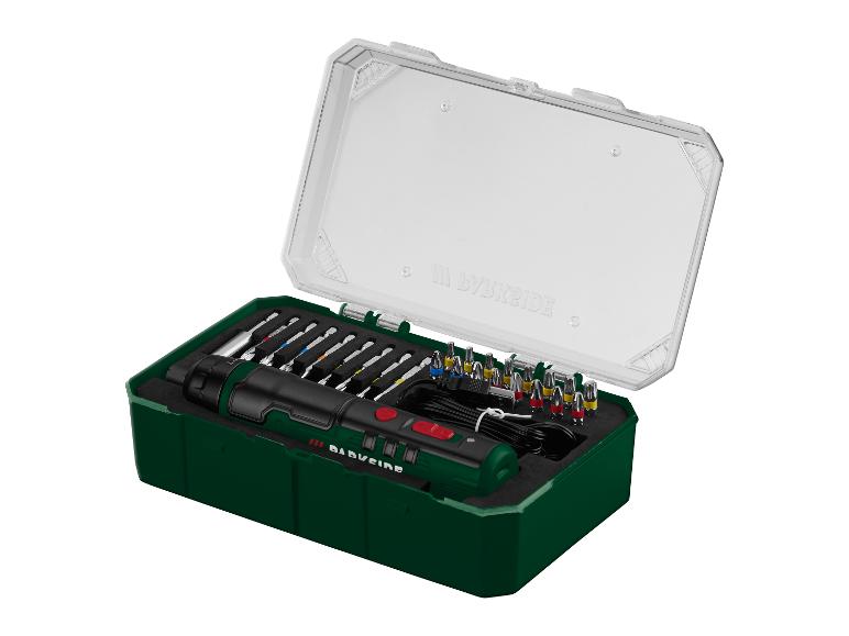 Ensemble tournevis sans fil Parkside avec embouts dans un étui ouvert