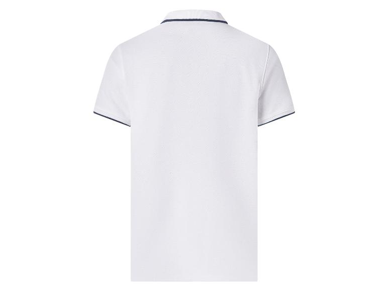 Polo blanc avec col et bordures de manches bleus, vue de dos.
