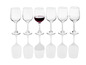 Six verres à vin, dont un rempli de vin rouge.